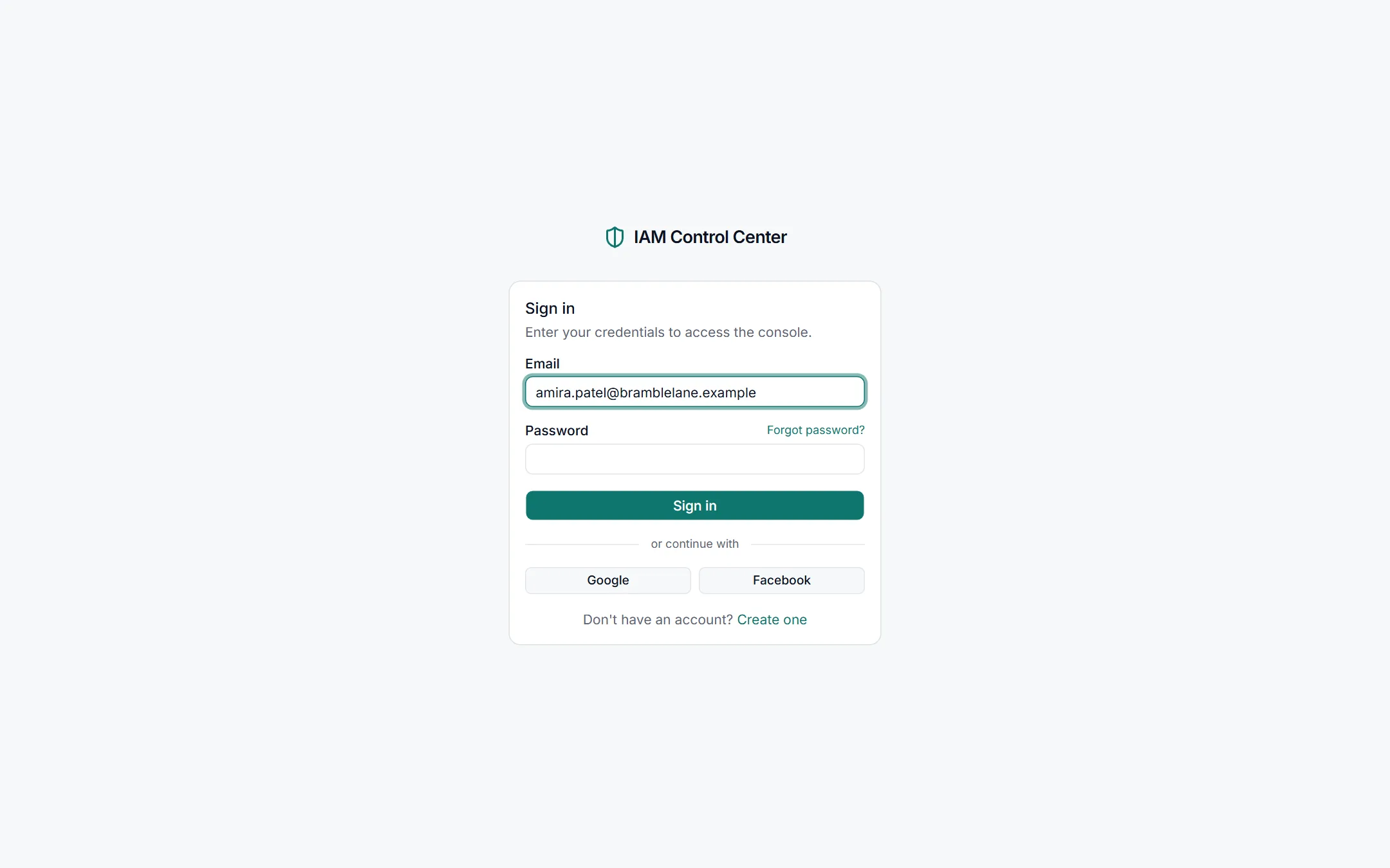 The sign-in page with Email and Password fields, a Sign in button and Google and Facebook options