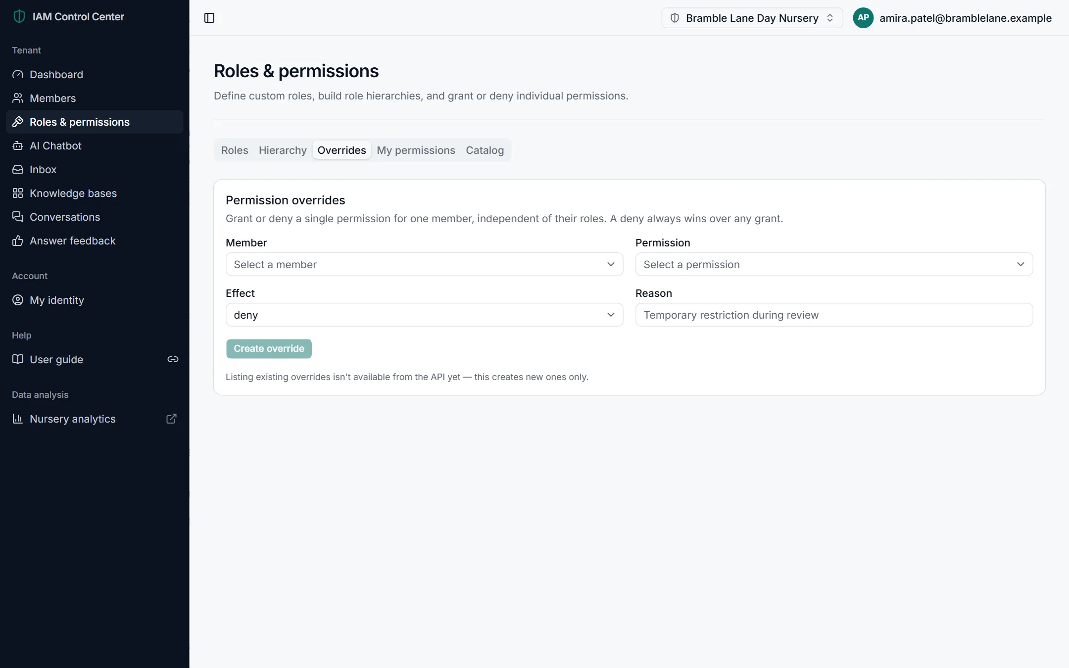The Overrides tab for granting or denying one permission to one member