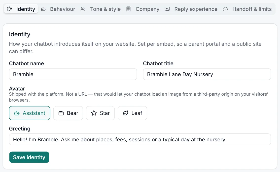The Identity tab with Chatbot name, Chatbot title, Avatar and Greeting fields