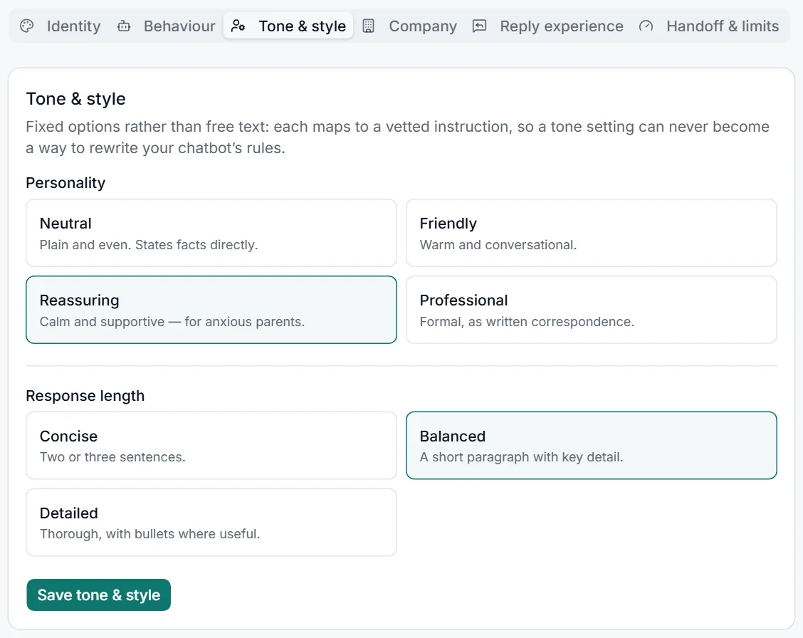 The Tone and style tab with Personality and Response length options