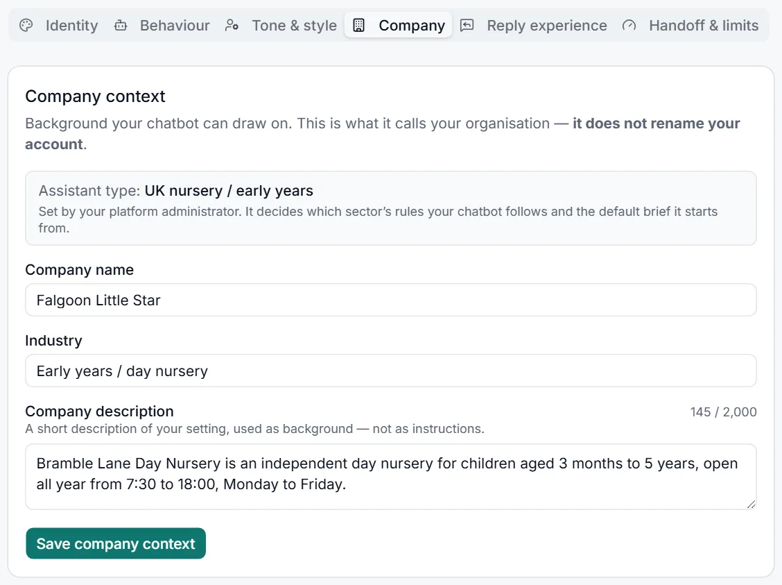 The Company tab showing the assistant type, Company name, Industry and Company description