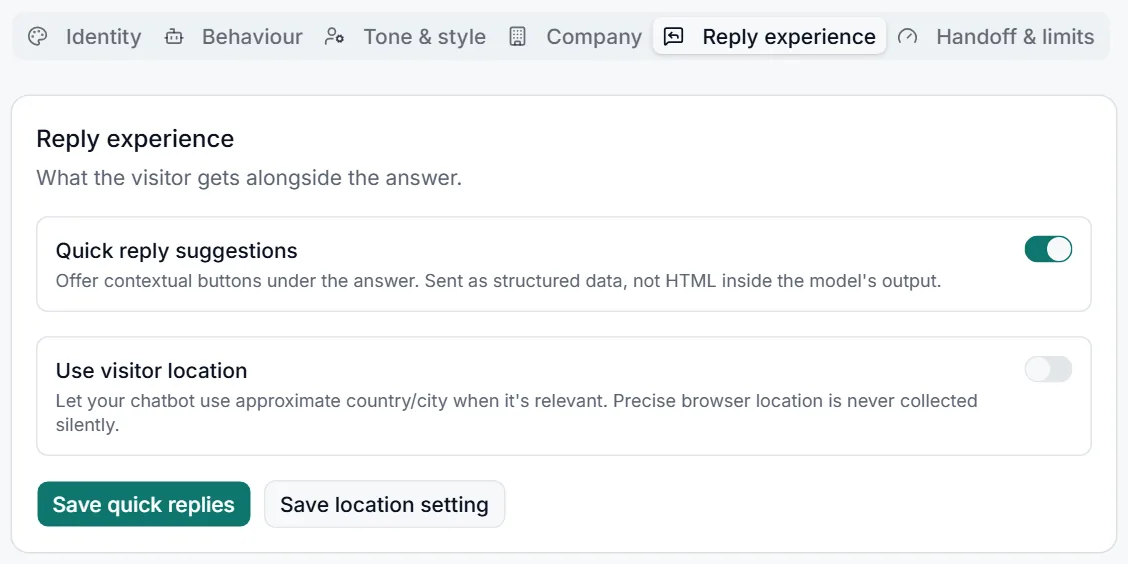 The Reply experience tab with Quick reply suggestions and Use visitor location switches