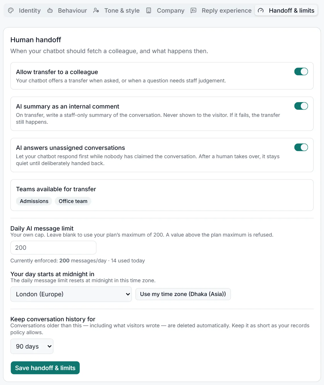 The Handoff and limits tab with transfer switches, teams, daily limit, time zone and conversation retention