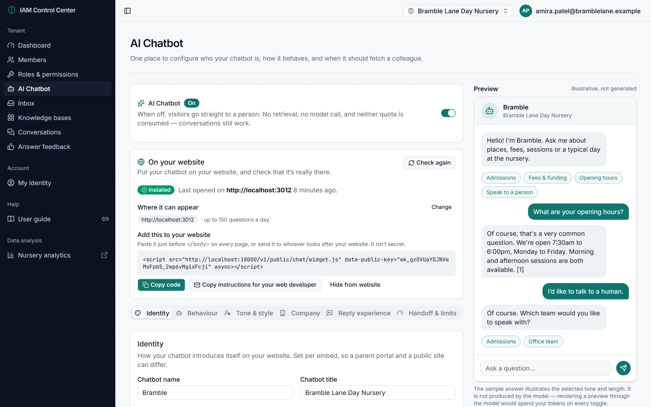 The AI Chatbot page with the on/off switch, the On your website card and a live preview panel