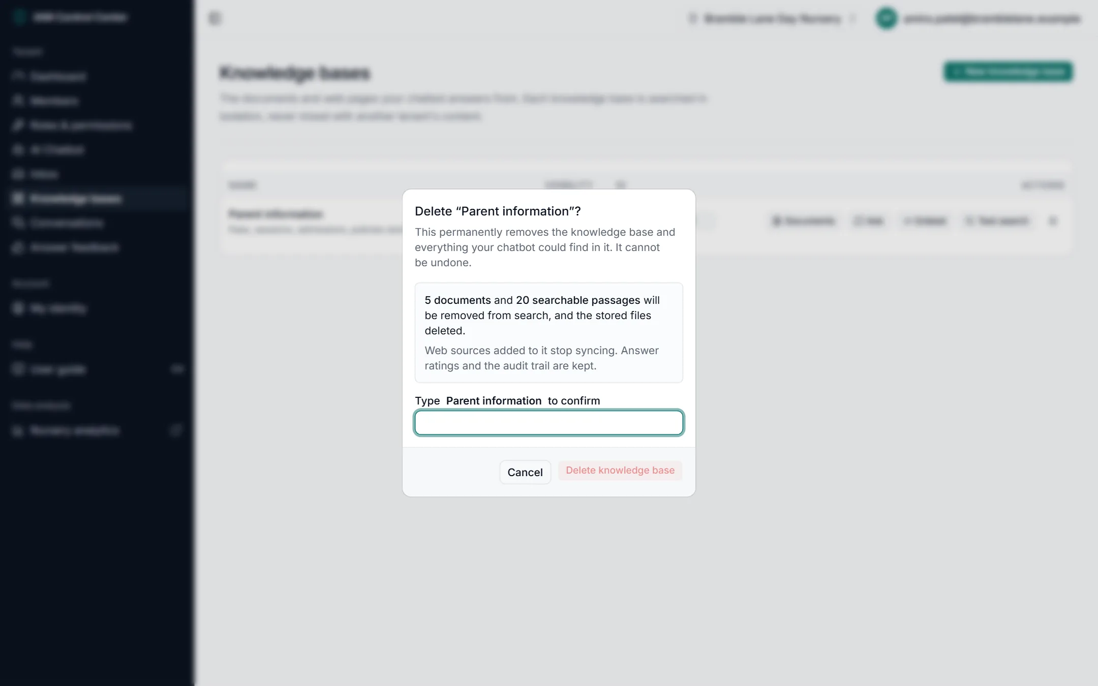 The delete confirmation stating how many documents and passages will be removed, asking you to type the name to confirm