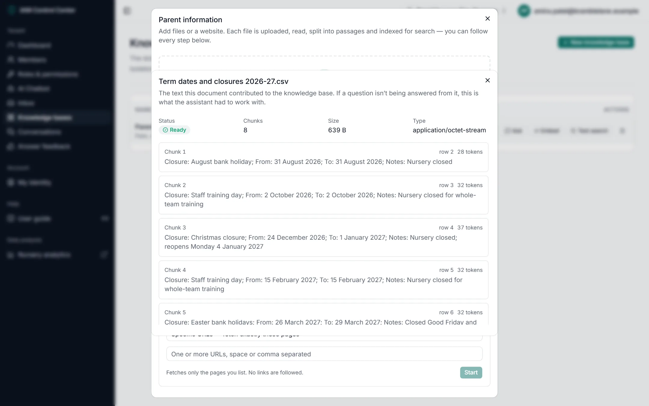 A document's detail window listing its numbered passages with their text and size