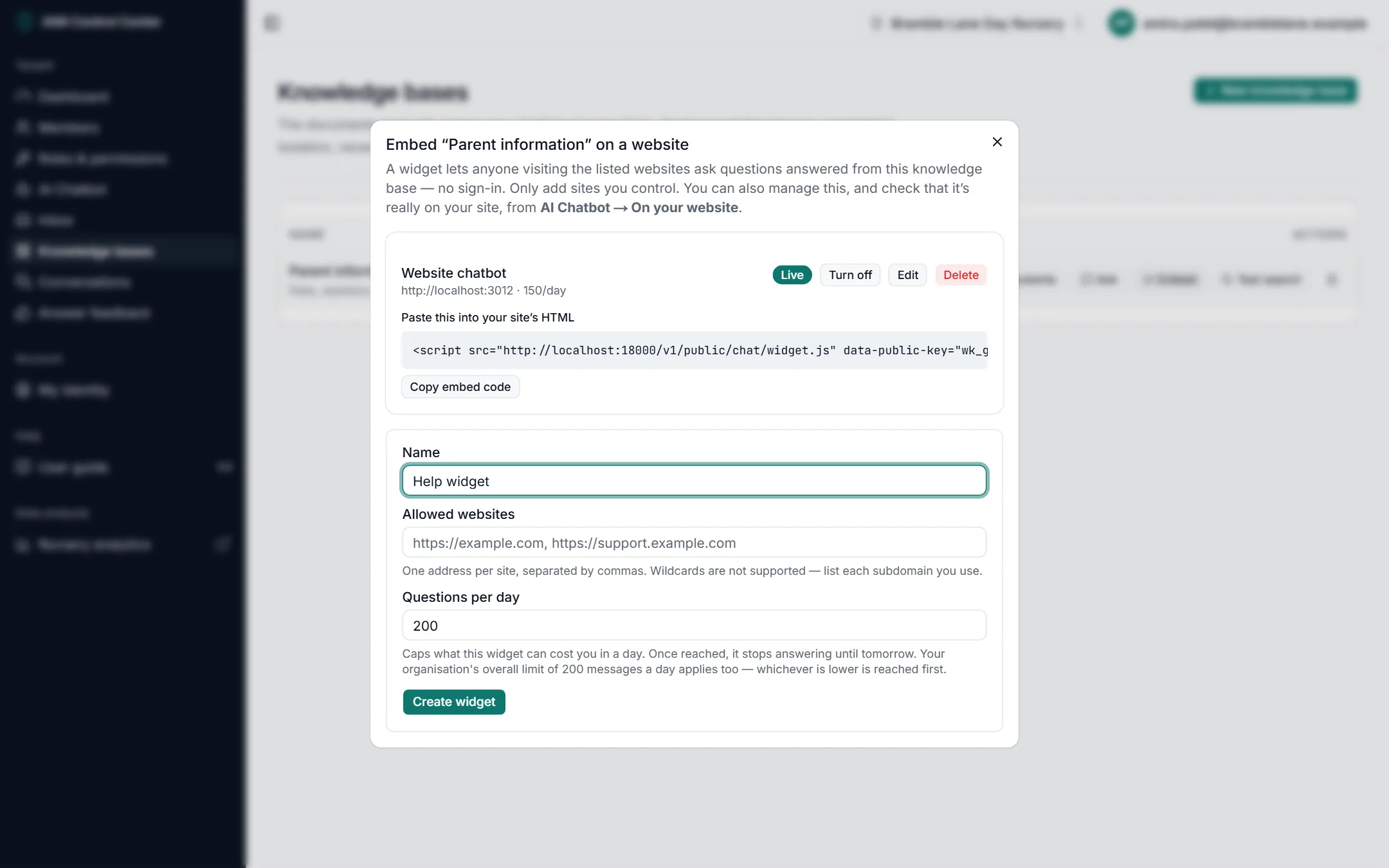 The Embed window showing the website chatbot, its allowed address and daily limit, its status Live, and the embed code