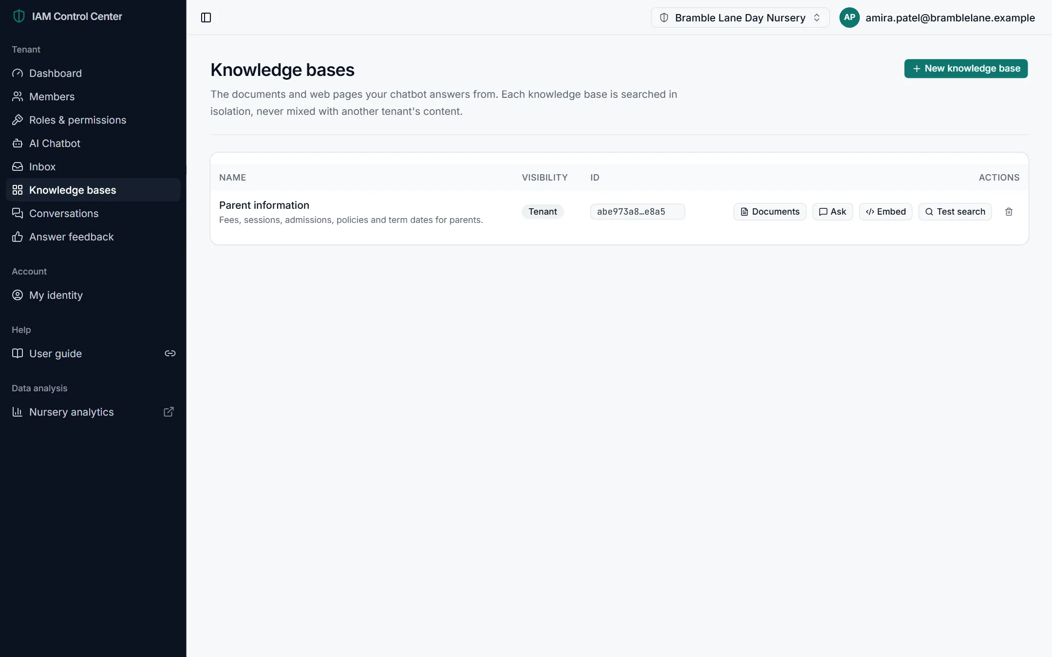 The Knowledge bases page listing one knowledge base with Documents, Ask, Embed, Test search and delete actions
