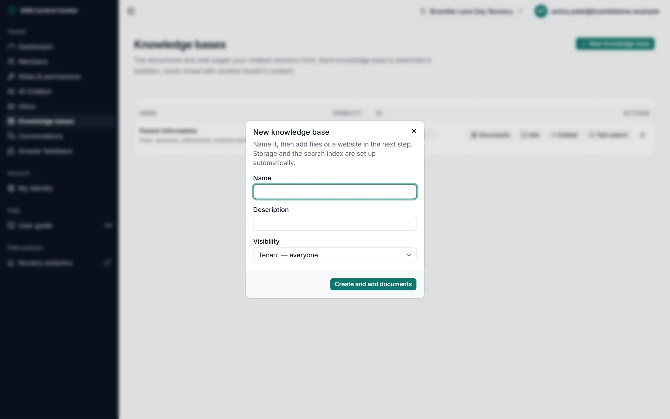 The New knowledge base dialog with Name, Description and Visibility fields and a Create and add documents button