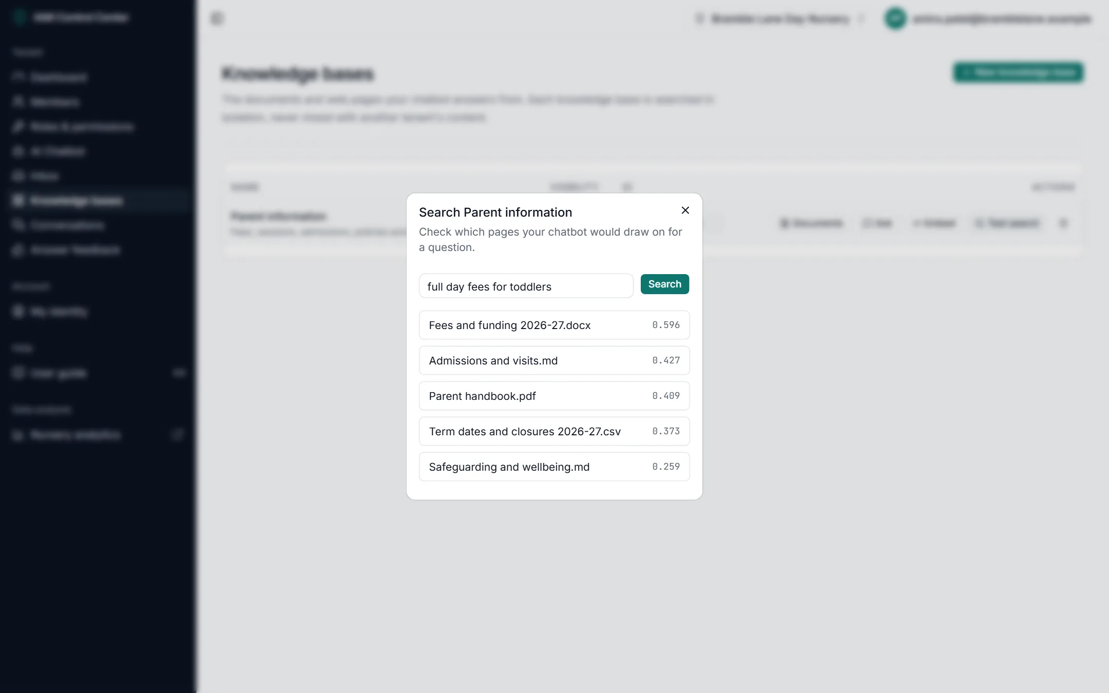 The Test search window for the question full day fees for toddlers, listing the fees document first, then admissions, the handbook and term dates, each with a score