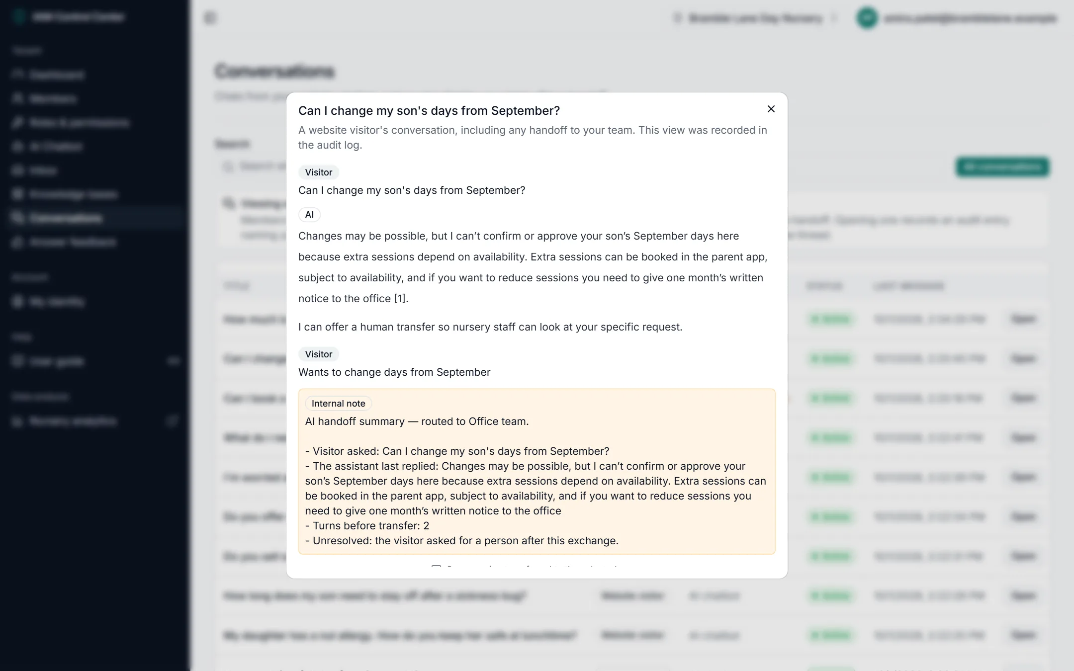 An opened conversation: the parent's question, the AI's cited answer, the request for a person, and a staff-only AI handoff summary