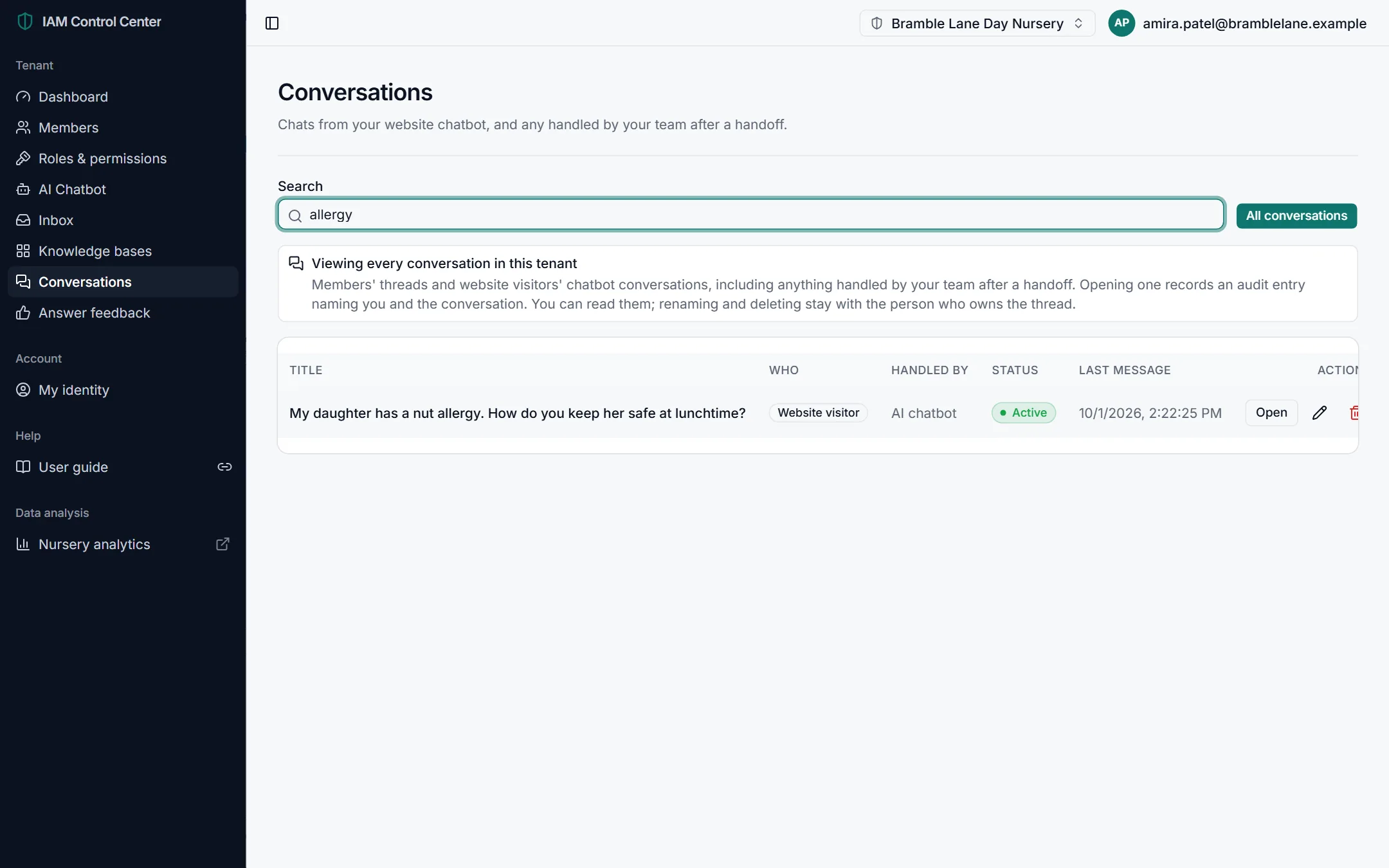 The conversation list filtered by the word allergy, showing the matching conversation