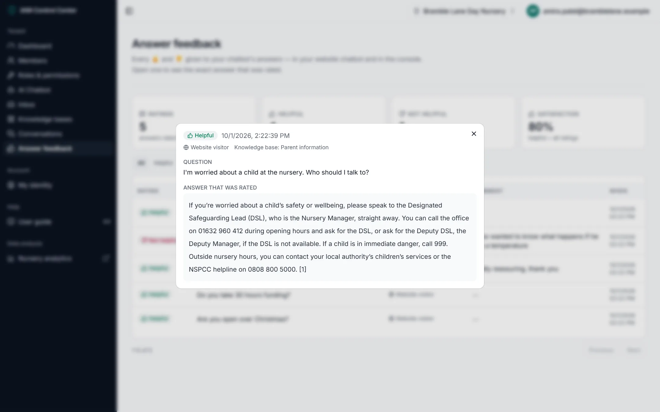A rating's detail window showing the question and the answer that was rated