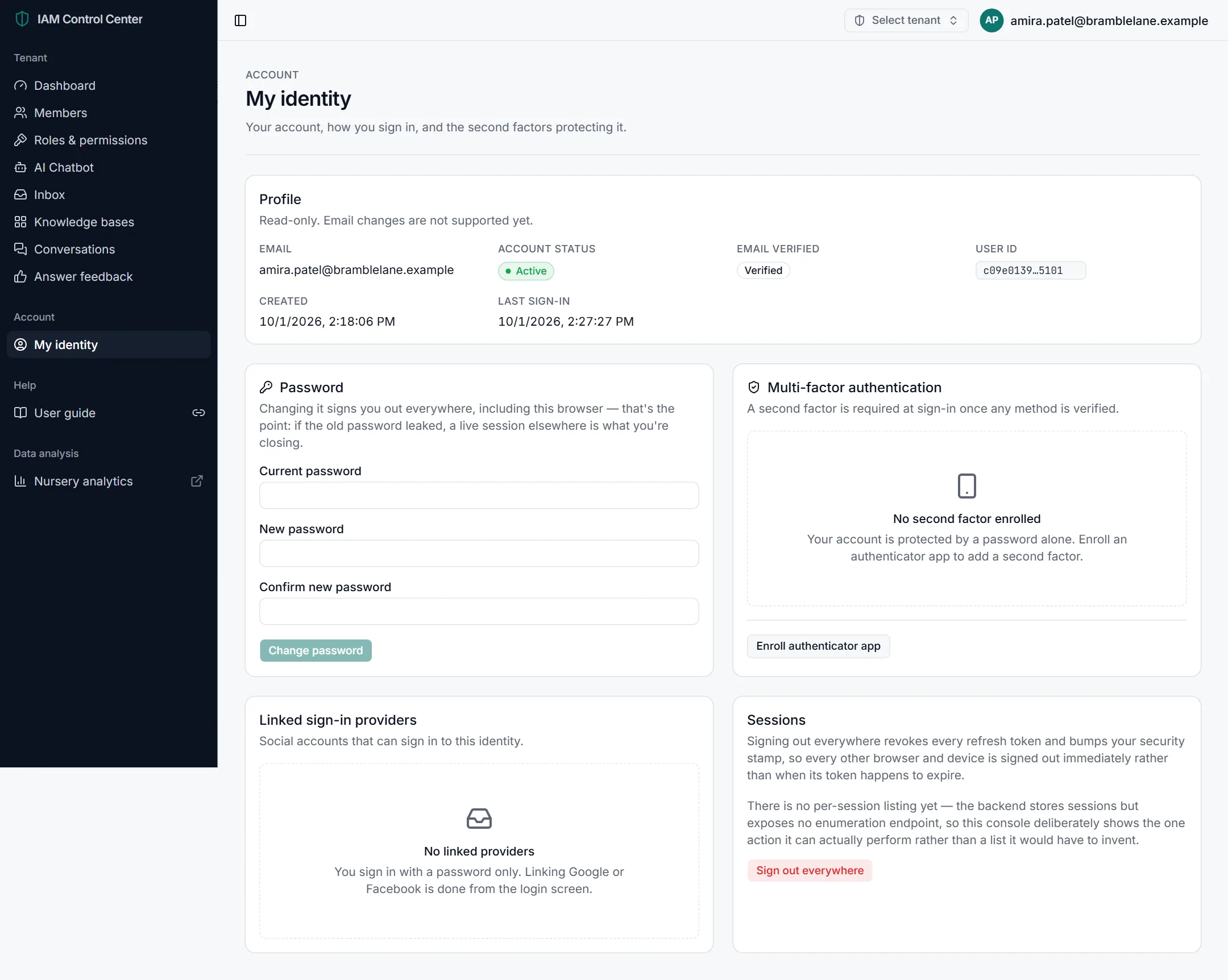 The My identity page with Profile, Password, Multi-factor authentication, Linked sign-in providers and Sessions sections