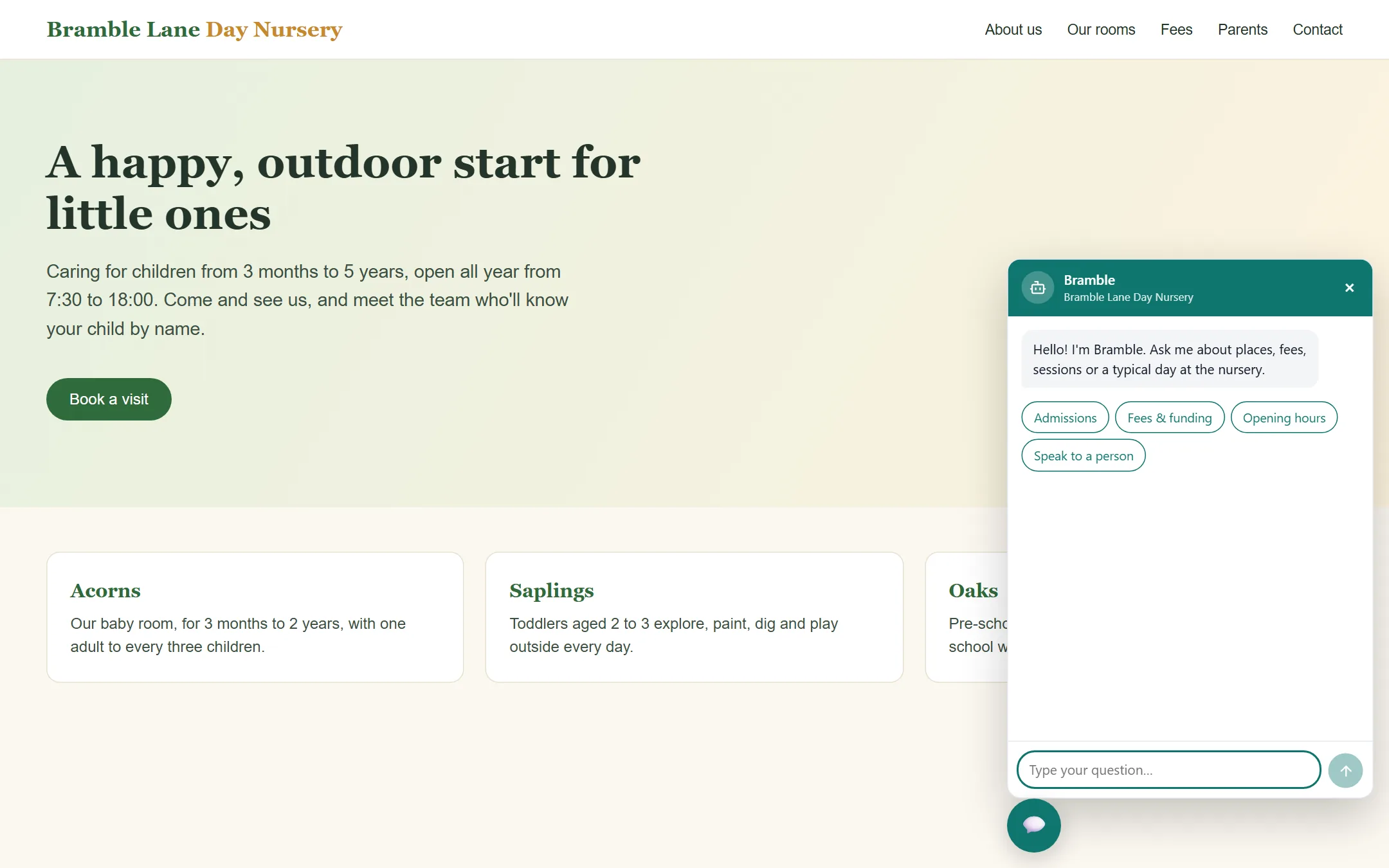 The open chat window with a greeting and quick reply buttons
