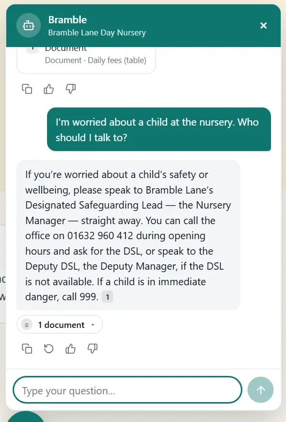 On the nursery website, a parent says they are worried about a child, and the chatbot directs them to the Designated Safeguarding Lead, gives the office phone number, and says to call 999 if a child is in immediate danger